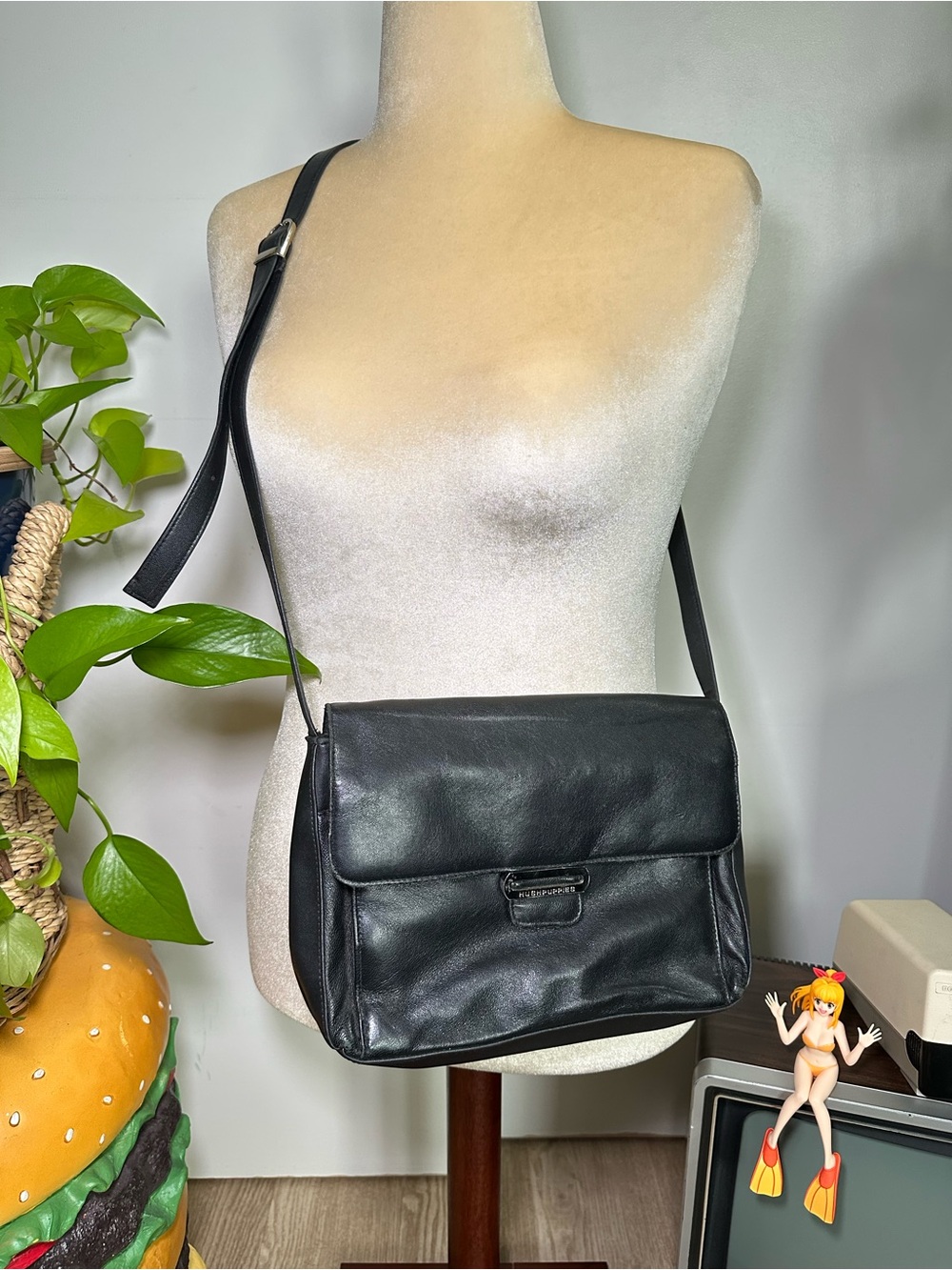 Classic Black Leather Crossbody Messenger Bag